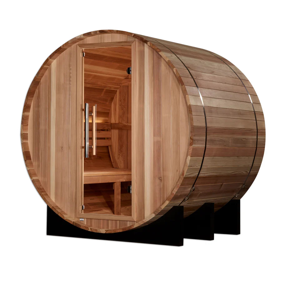 Golden Designs Arosa 4 Person Barrel Traditional Outdoor Sauna GDI-B004-01 in beautiful natural setting with wooden exterior and spacious interior