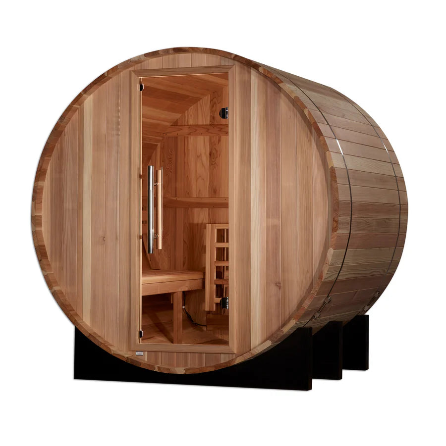 Golden Designs Arosa 4 Person Barrel Traditional Outdoor Sauna GDI-B004-01, a luxurious and spacious wooden sauna designed for outdoor relaxation and rejuvenation