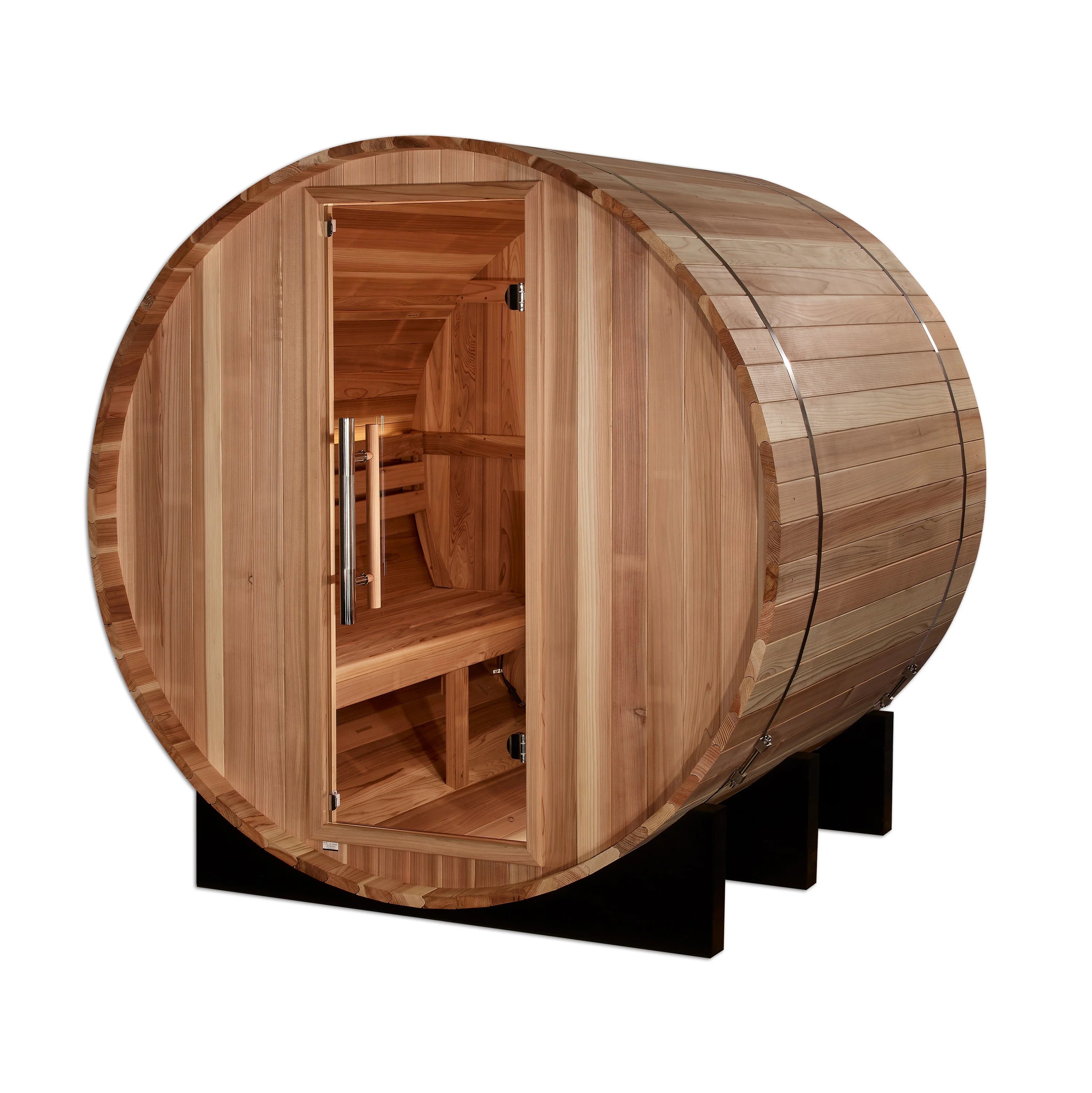 Golden Designs Arosa 4 Person Barrel Traditional Outdoor Sauna GDI-B004-01, a spacious and luxurious outdoor sauna perfect for relaxation and rejuvenation in your backyard setting