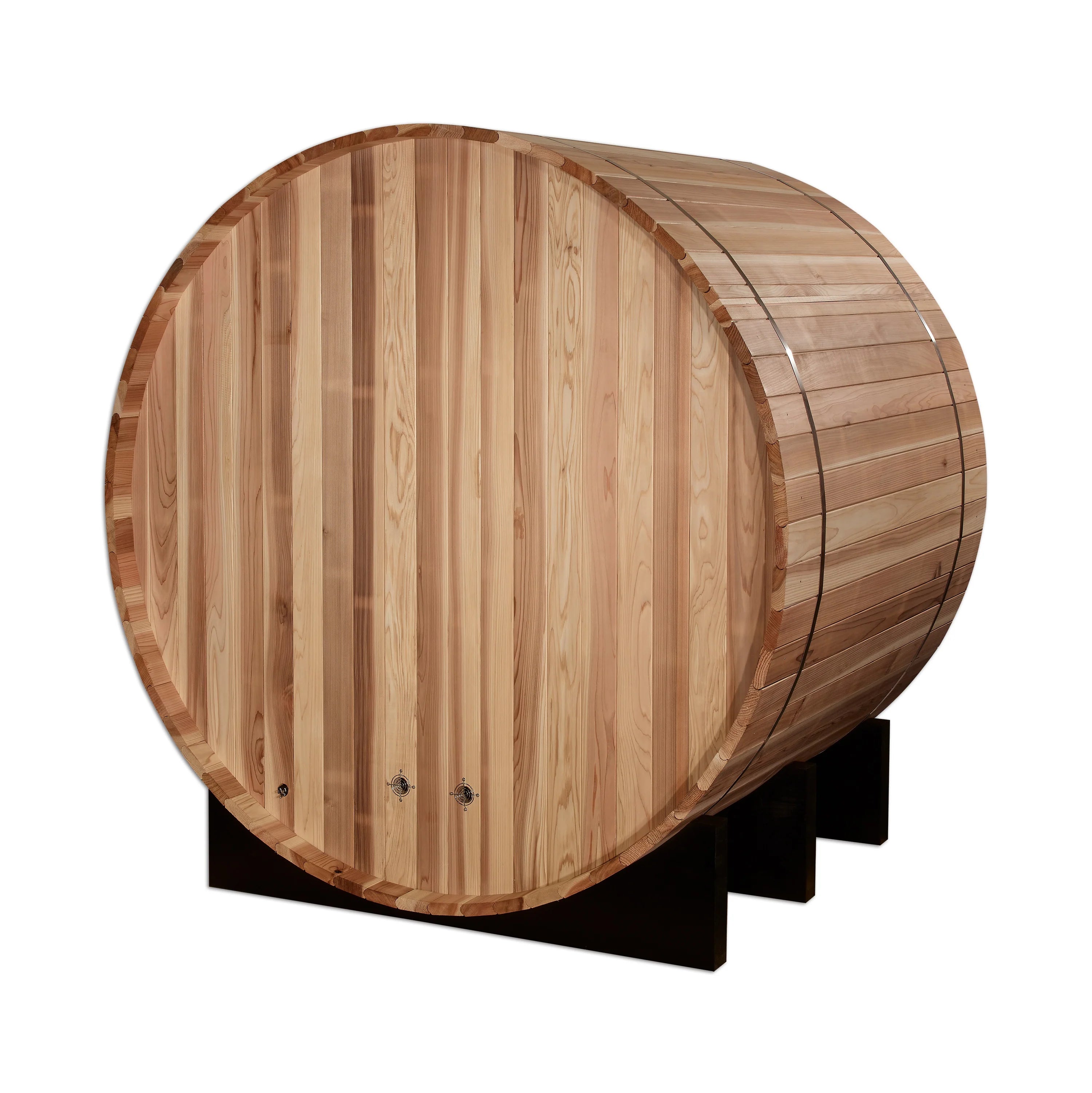 Relaxing in the Golden Designs Arosa 4 Person Barrel Traditional Outdoor Sauna GDI-B004-01 with friends and family