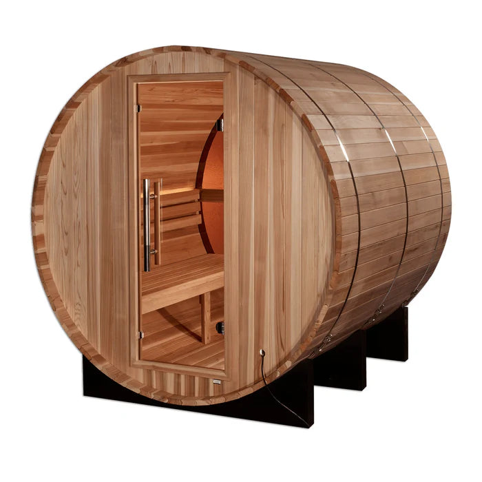 Traditional barrel-shaped Golden Designs Zurich 4 Person Outdoor Barrel Traditional Sauna GDI-B024-01 providing authentic sauna experience