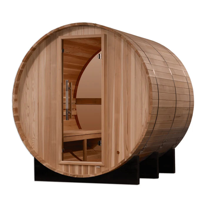 Eco-friendly Golden Designs Zurich 4 Person Outdoor Barrel Traditional Sauna GDI-B024-01 designed for outdoor use with efficient heating system