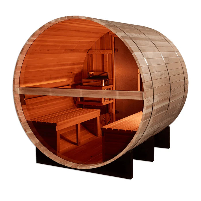 Golden Designs Zurich 4 Person Outdoor Barrel Traditional Sauna GDI-B024-01 outdoor barrel sauna with natural wood finish and seating for 4 people