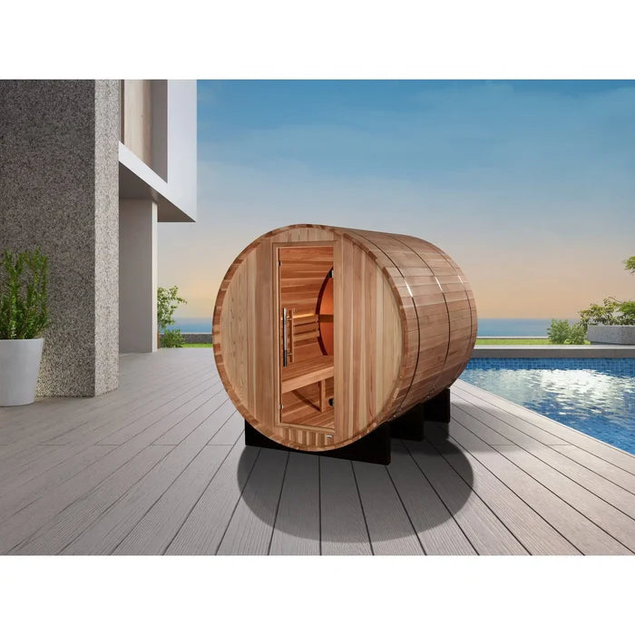 Outdoor Golden Designs Zurich 4 Person Outdoor Barrel Traditional Sauna GDI-B024-01 featuring easy-to-use control panel and comfortable seating