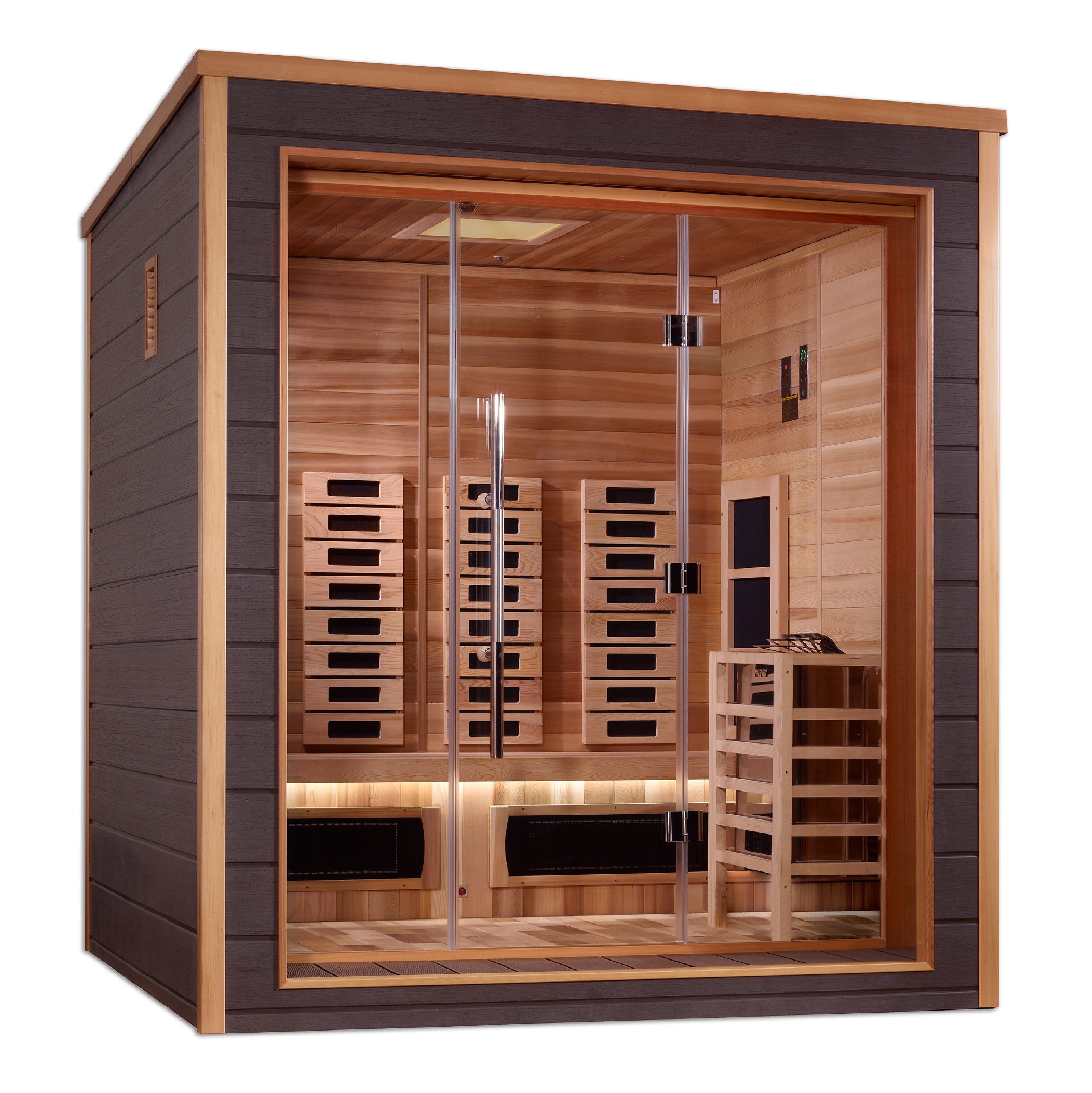 Golden Designs Visby 3 Person Outdoor + Indoor Hybrid Sauna GDI-8223-01 with stylish design and spacious interior for relaxing sauna experience