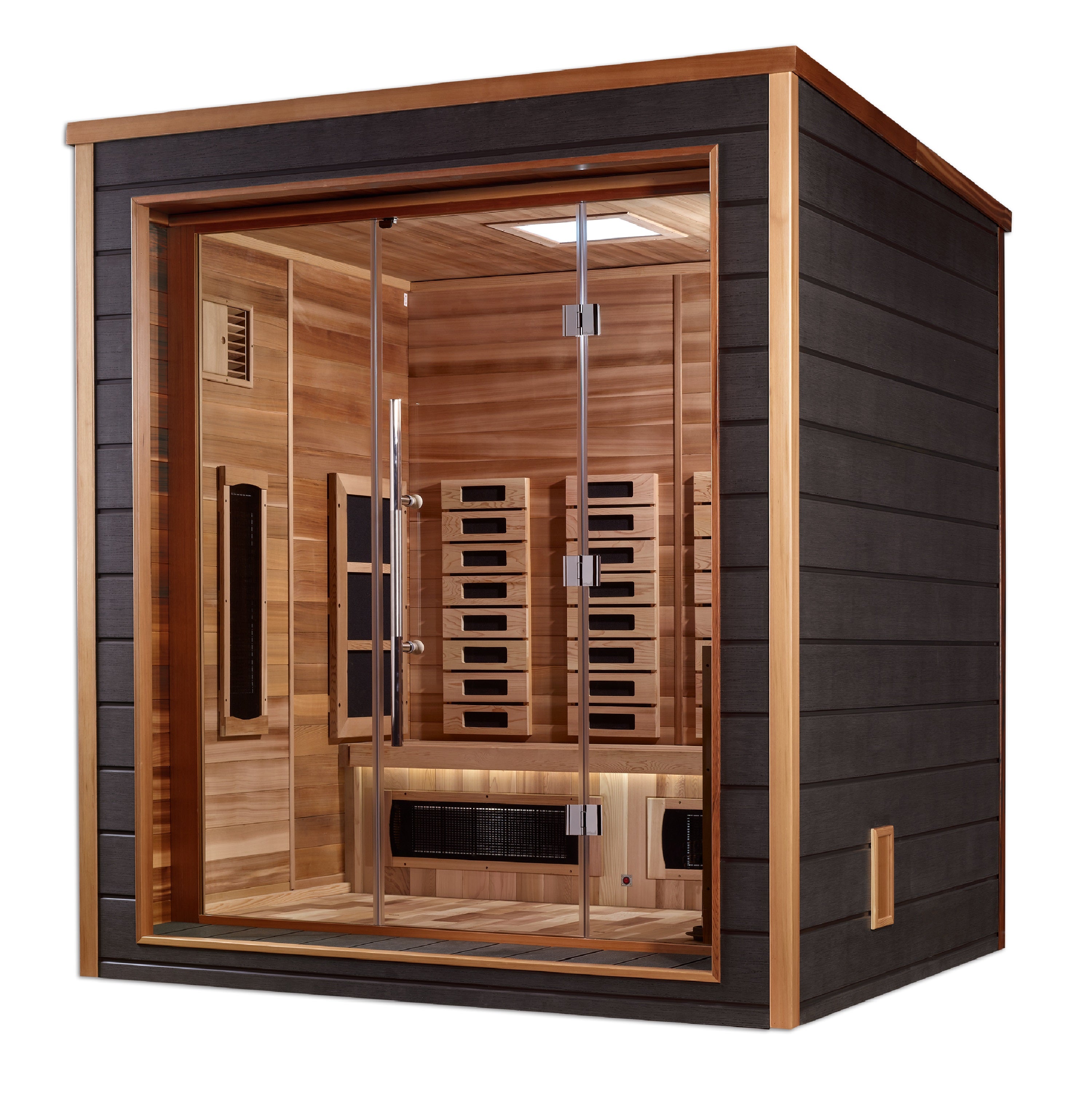 Golden Designs Visby 3 Person Outdoor + Indoor Hybrid Sauna GDI-8223-01, a luxurious and spacious sauna perfect for relaxation and wellness