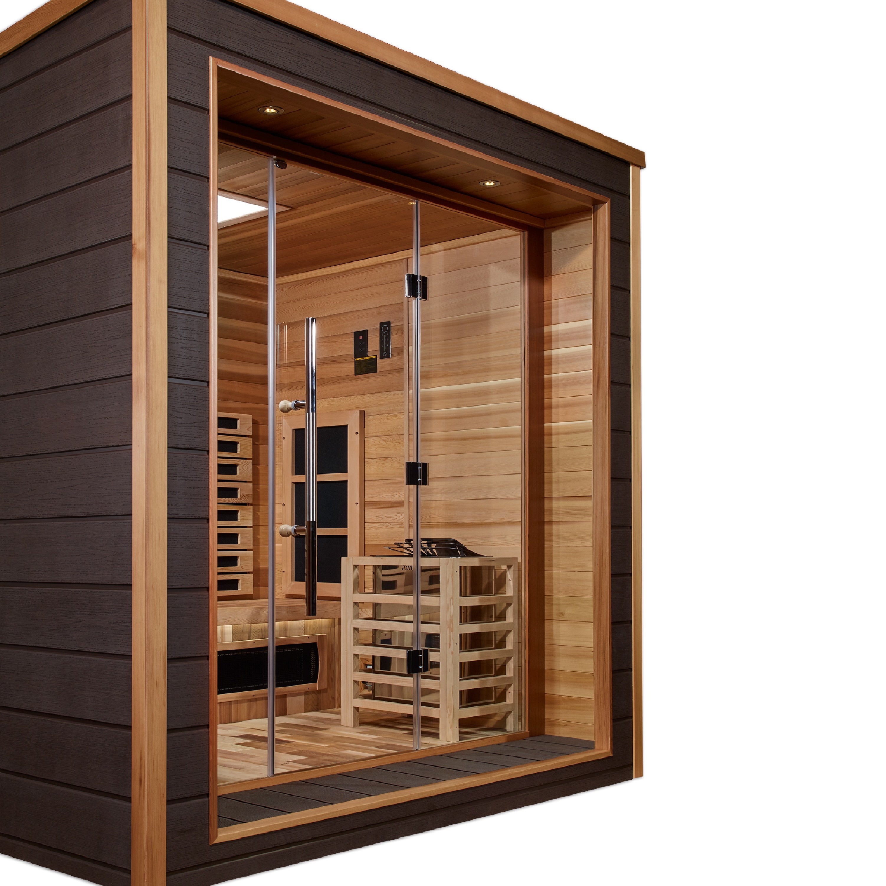 Golden Designs Visby 3 Person Outdoor + Indoor Hybrid Sauna GDI-8223-01, featuring a spacious interior and sleek design for luxurious relaxation and wellness