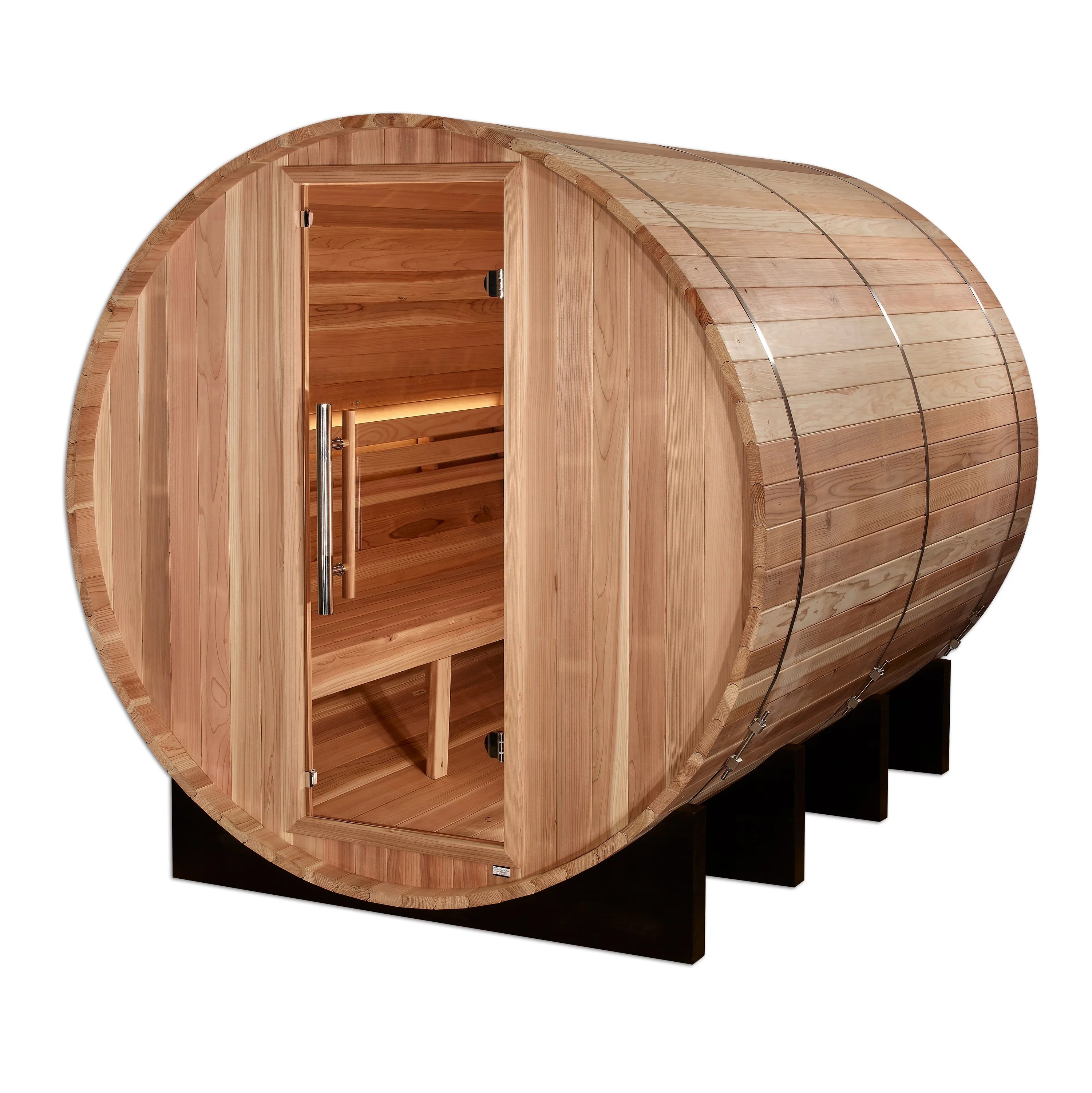  Golden Designs Klosters 6 Person Barrel Outdoor Traditional Sauna GDI-B006-01 with cozy benches and modern heater