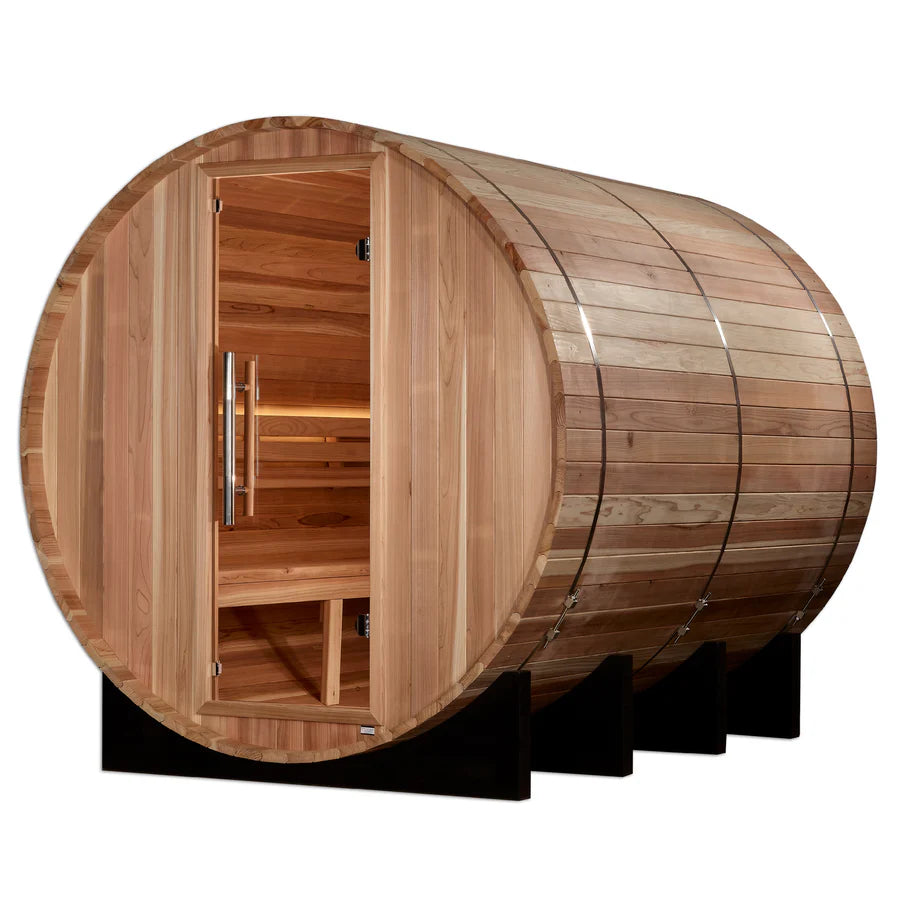  Interior view of the spacious Golden Designs Klosters 6 Person Barrel Outdoor Traditional Sauna GDI-B006-01