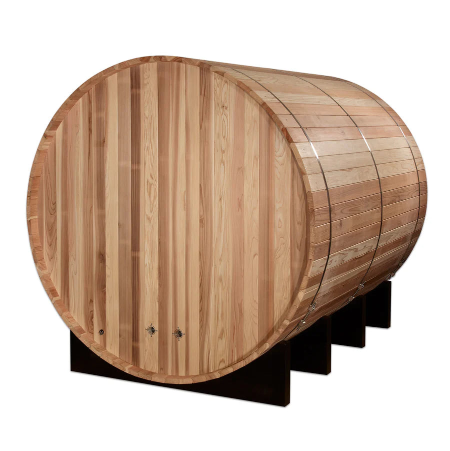  Exterior view of the Golden Designs Klosters 6 Person Barrel Outdoor Traditional Sauna GDI-B006-01 in a backyard setting