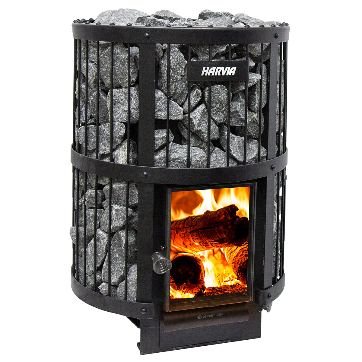  Close-up of the Harvia GreenFlame Series 159kW Wood Sauna Stove Legend 240GF, showcasing its durable construction and modern design