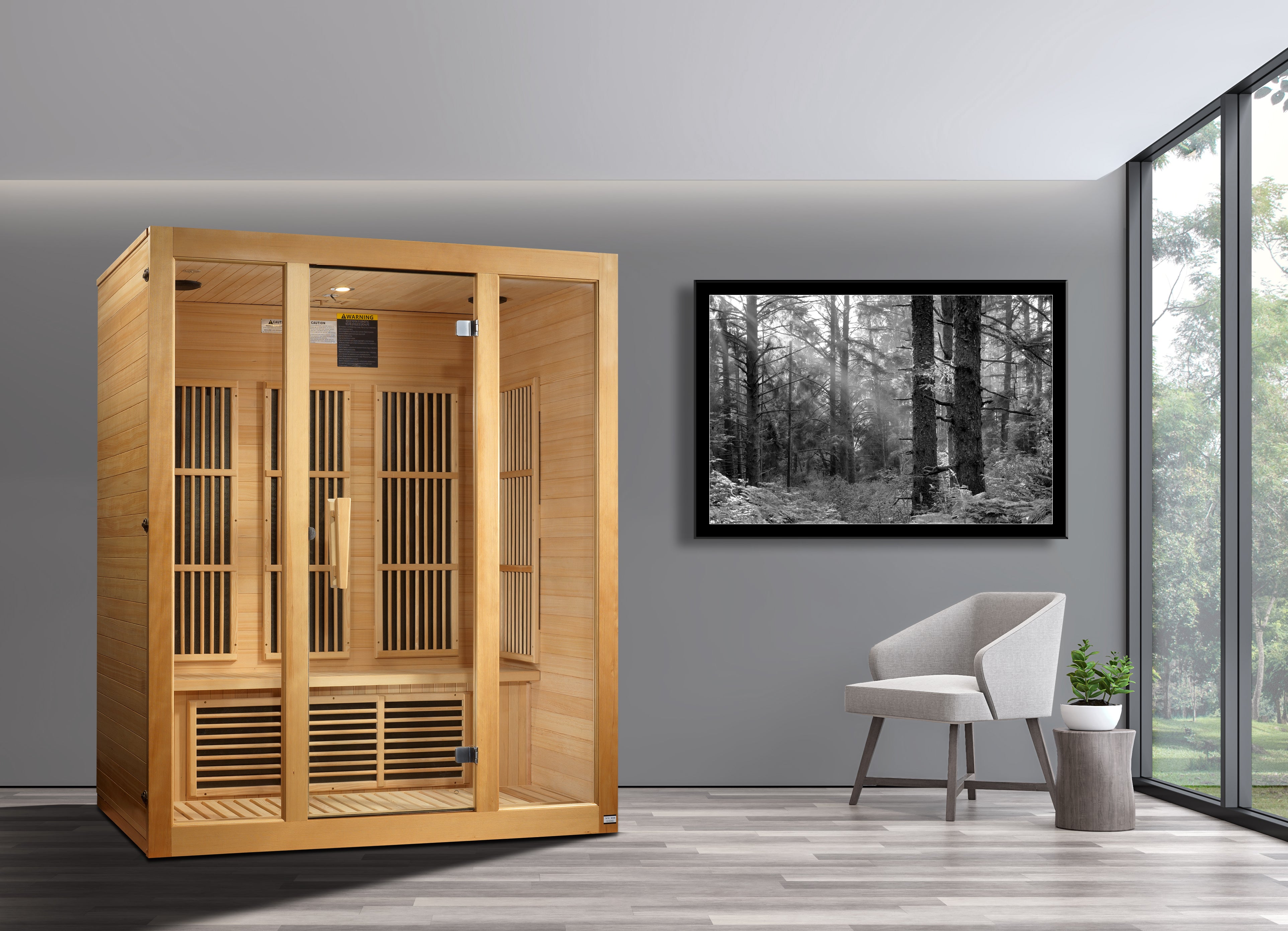 Three-person FAR infrared sauna made with Canadian Hemlock wood, featuring near zero EMF (under 2MG) technology by Maxxus Bellevue