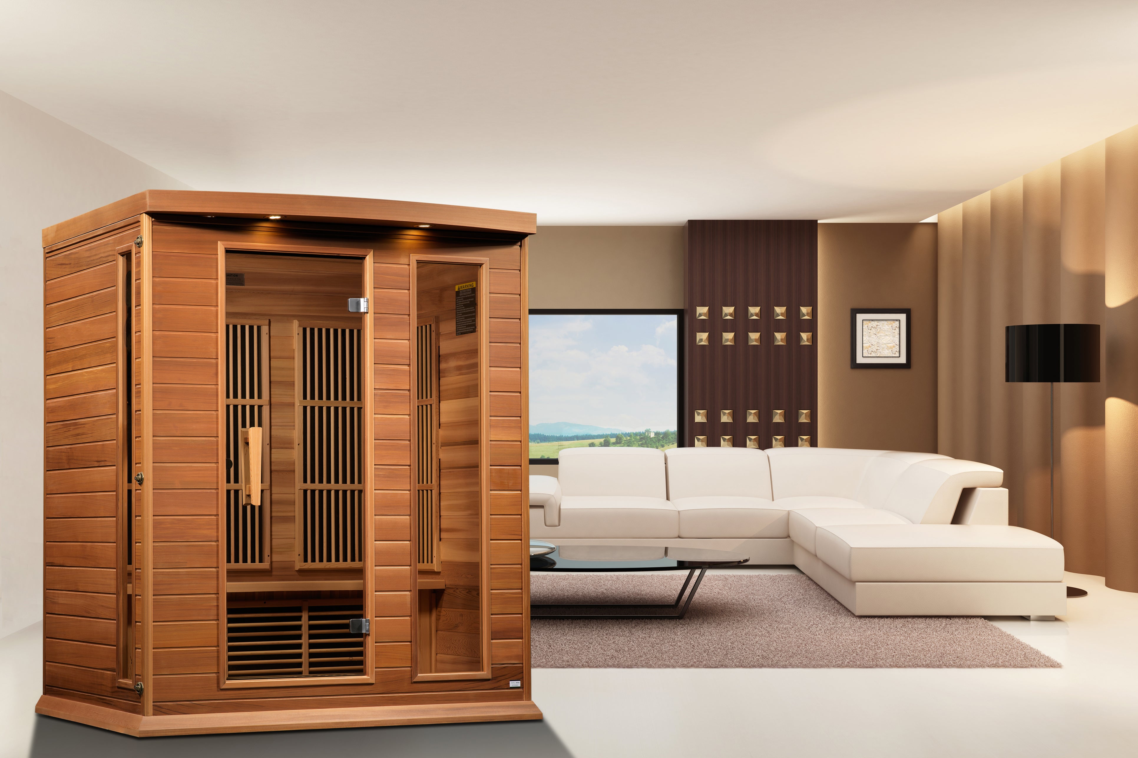 Three-person low EMF FAR infrared sauna made of Canadian red cedar for a relaxing and detoxifying experience