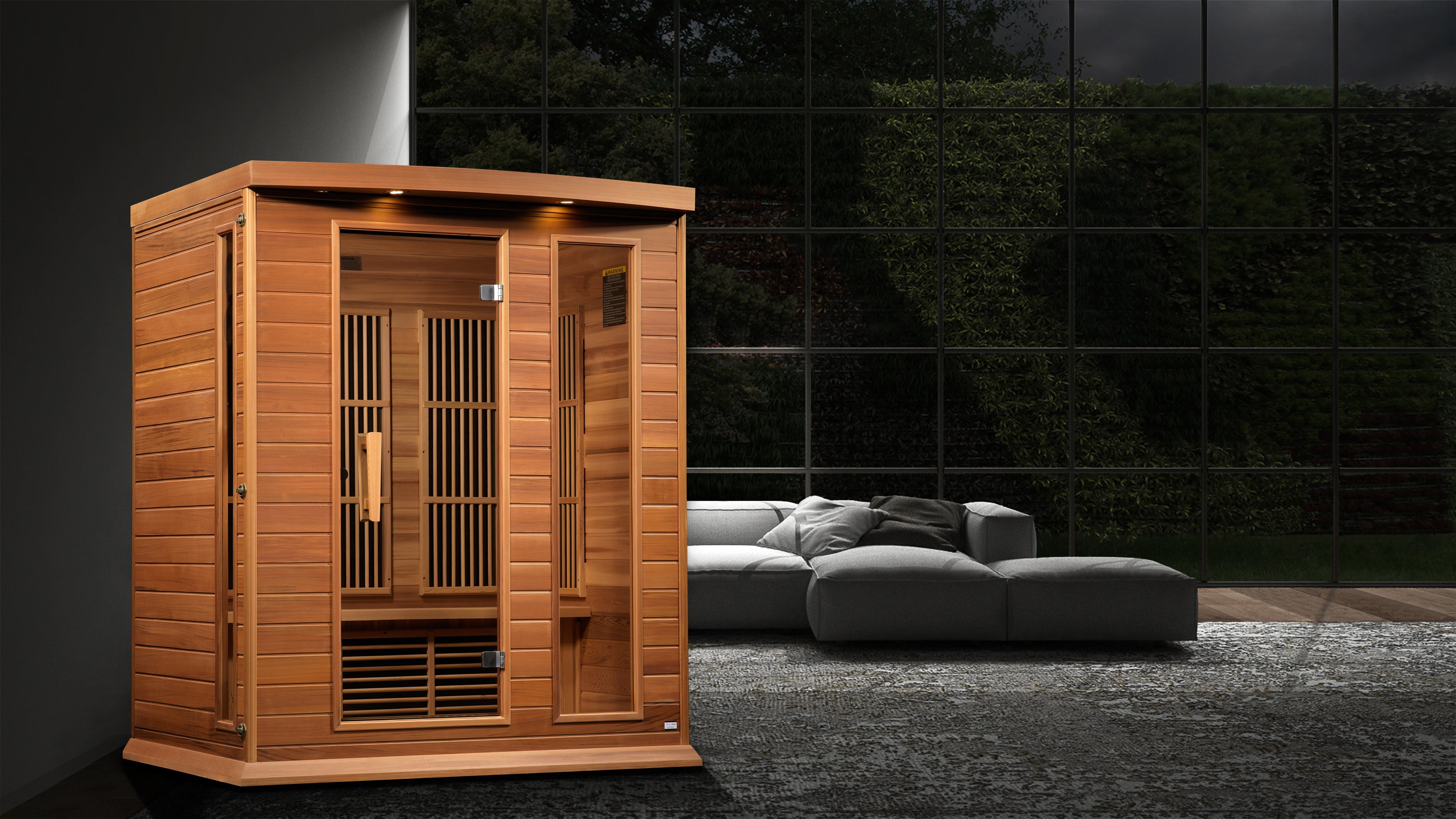 Maxxus 3-Person Near Zero EMF FAR Infrared Sauna made of Canadian Red Cedar emitting under 2MG of electromagnetic field, providing a safe and effective way to relax and detoxify the body