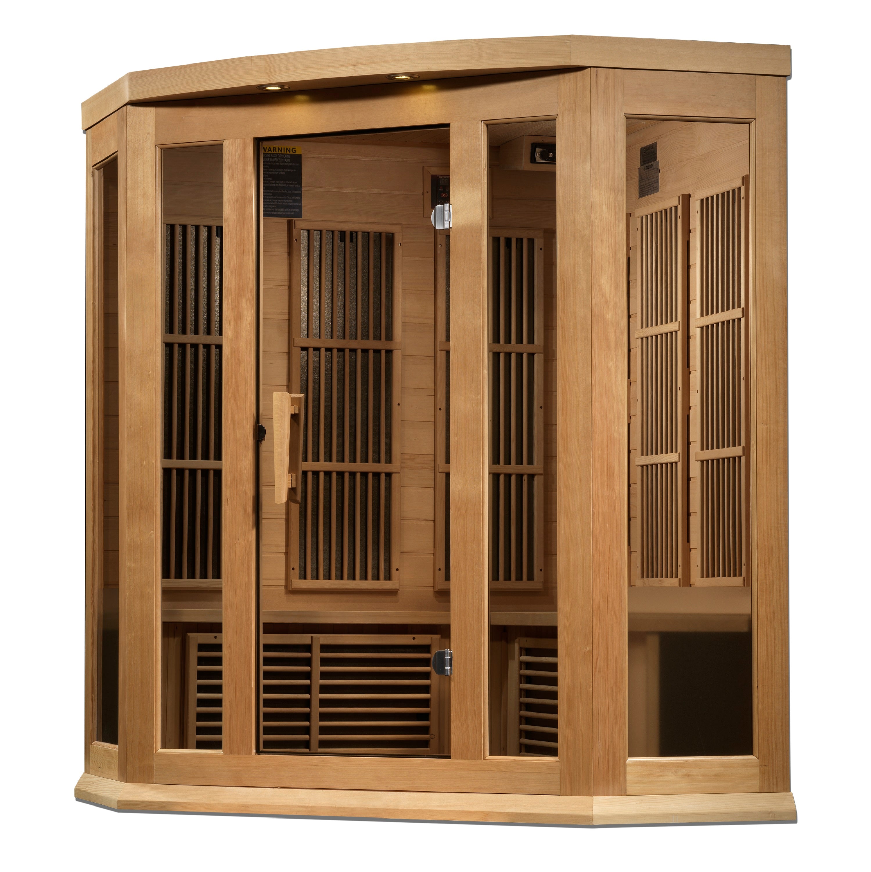 Maxxus 3 Person Corner Fit Near Zero EMF FAR Infrared Sauna with Canadian Hemlock exterior view showing elegant design and durable construction