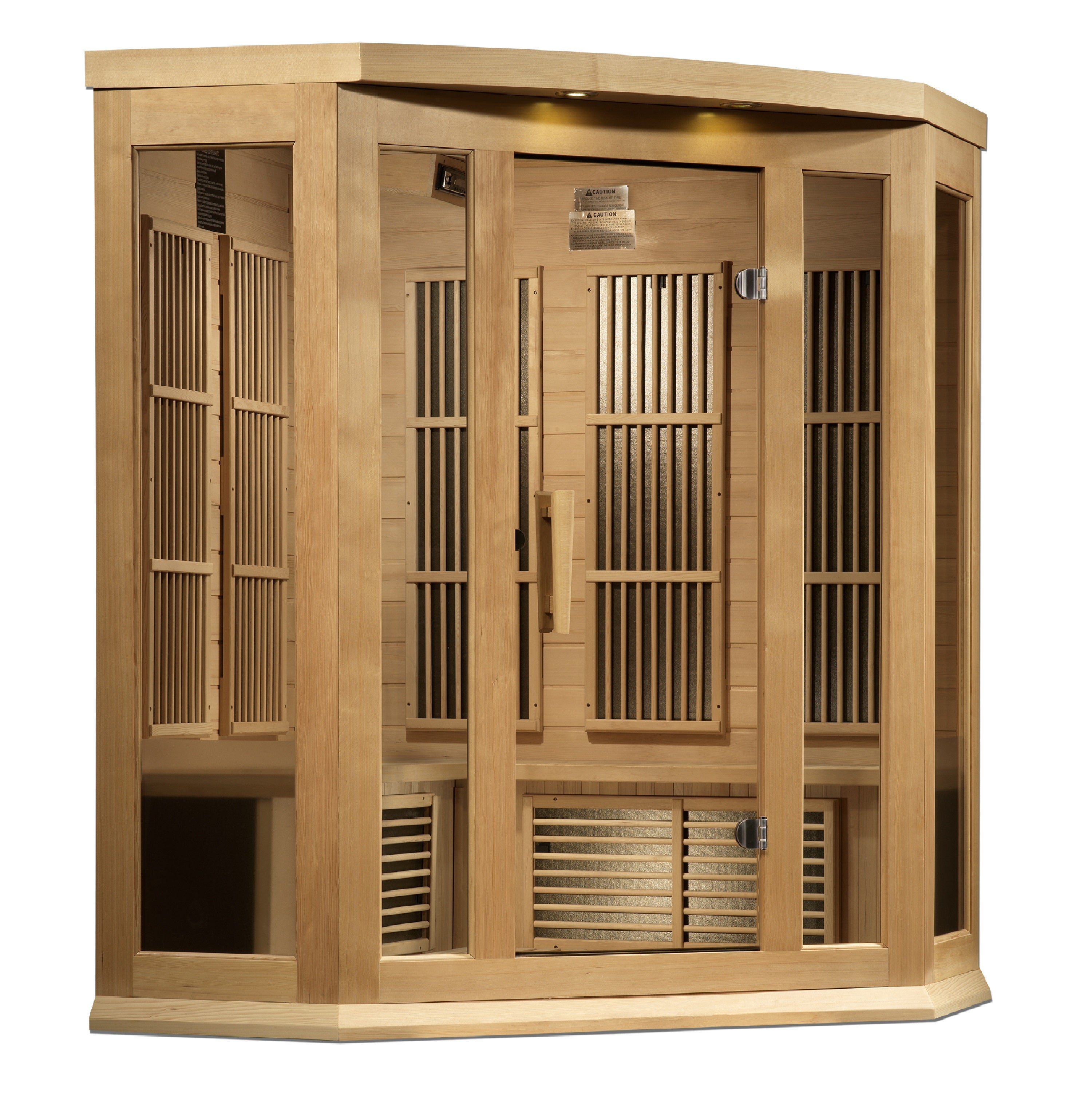 Maxxus 3 Person Corner Fit Near Zero EMF FAR Infrared Sauna with Canadian Hemlock close-up of digital control panel for easy temperature and time adjustments