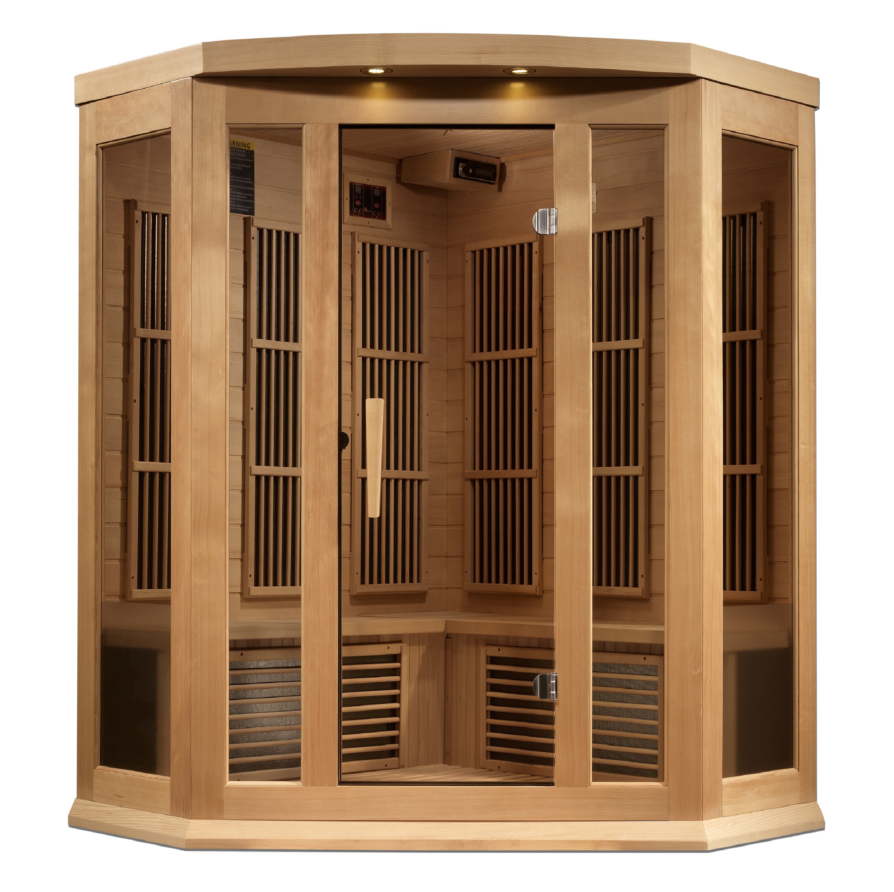 Maxxus 3 Person Corner Fit Near Zero EMF FAR Infrared Sauna with Canadian Hemlock interior view showcasing spacious seating and soothing infrared heat