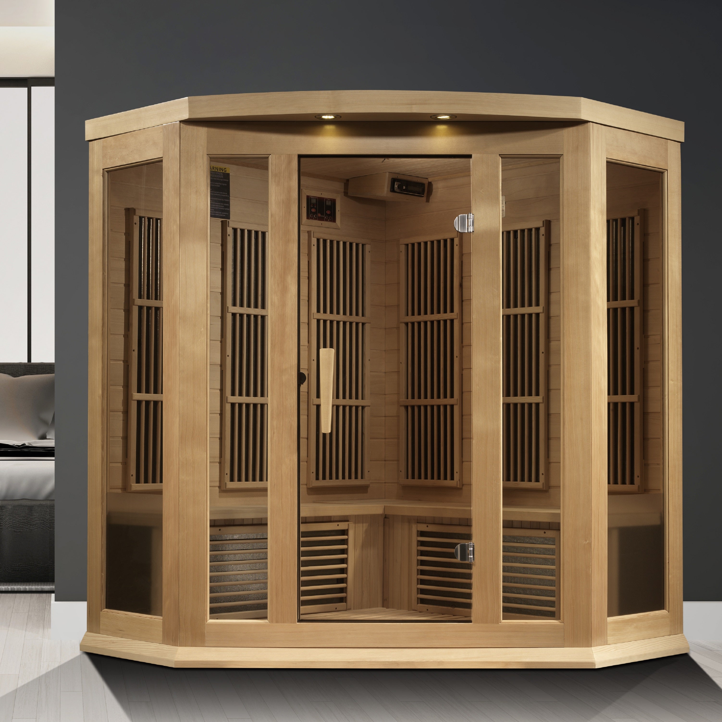 Maxxus 3 Person Corner Fit Near Zero EMF FAR Infrared Sauna with Canadian Hemlock image of built-in sound system for relaxation and enjoyment