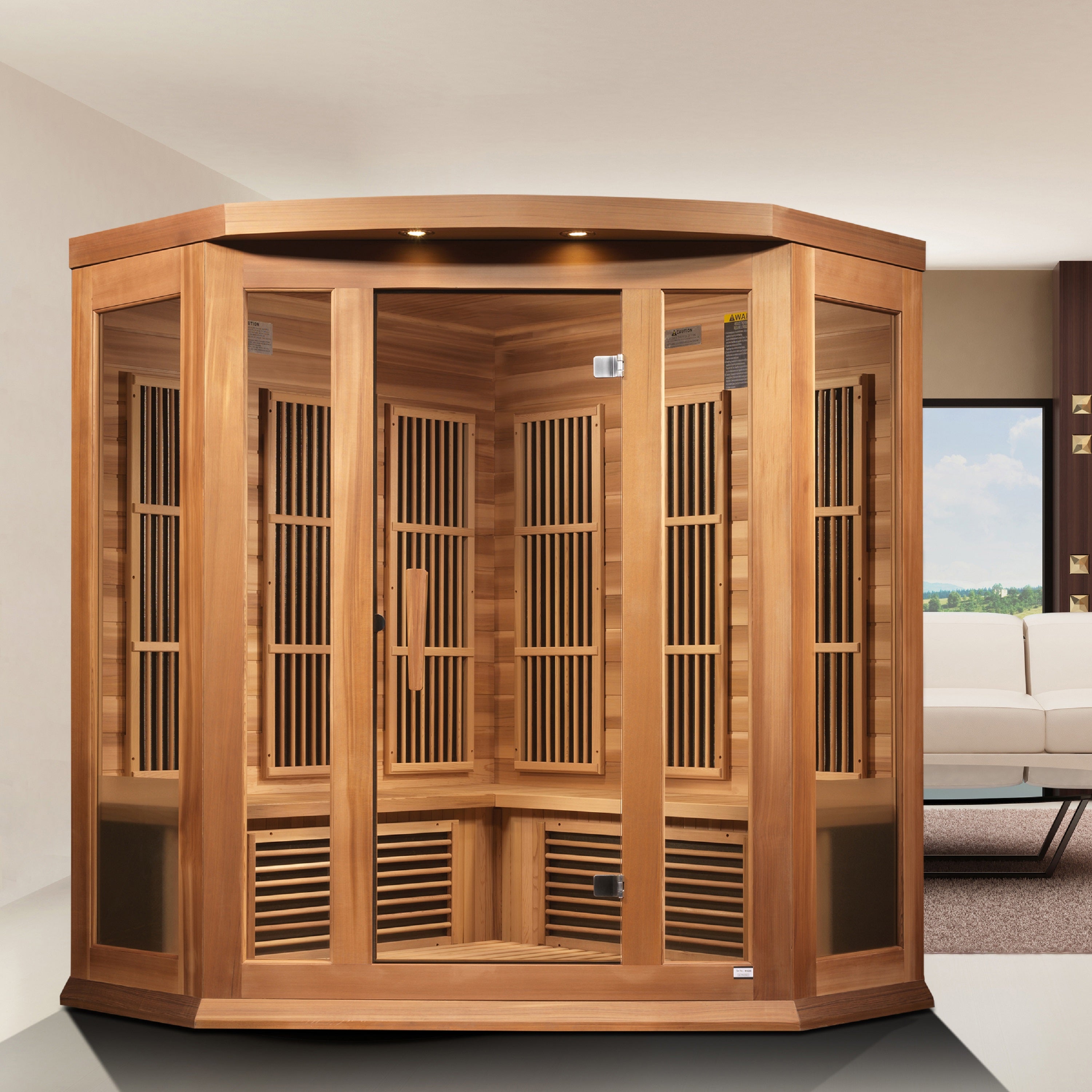 Three-person corner low EMF FAR infrared sauna in Canadian red cedar