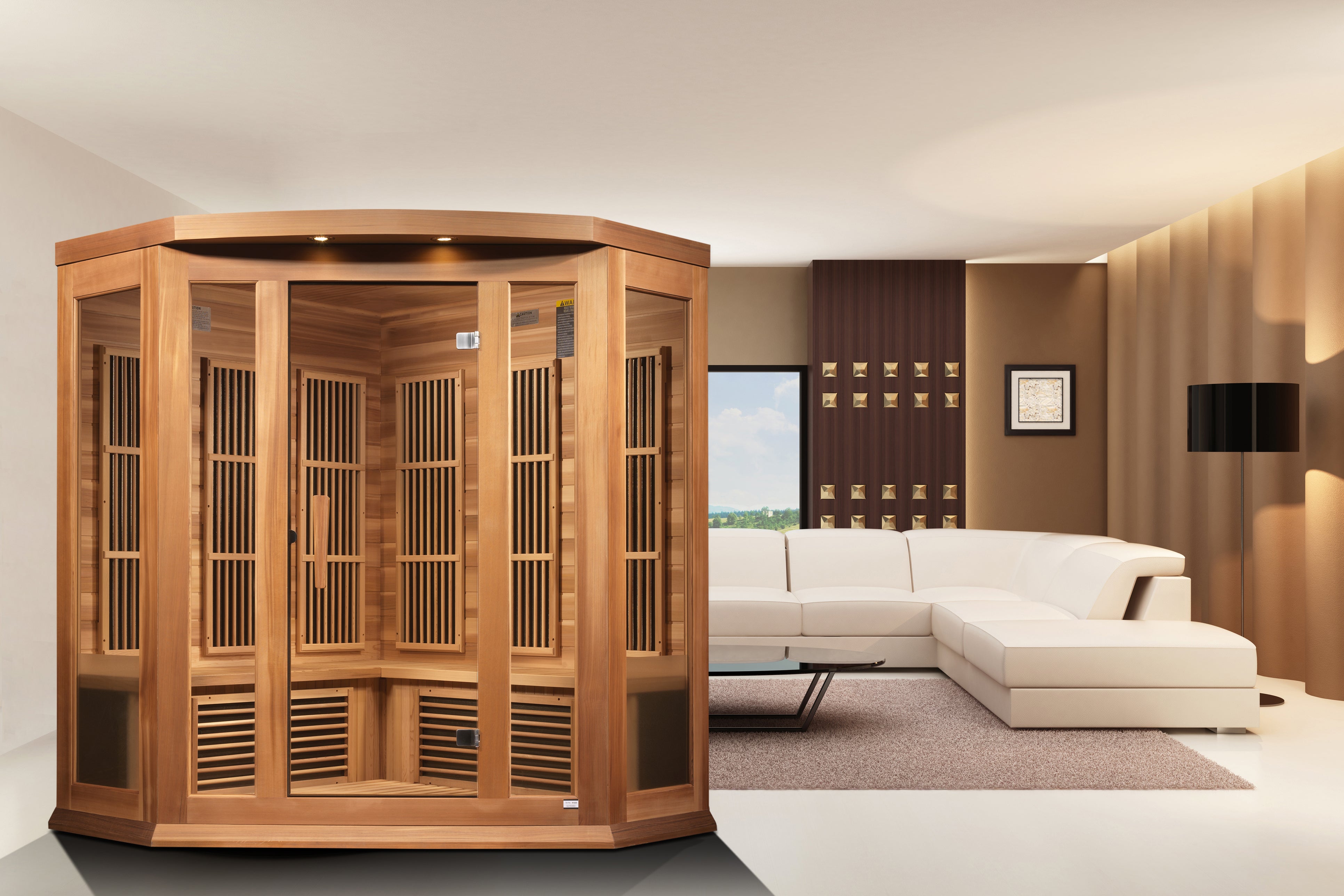 Three-person corner low EMF FAR infrared sauna made of Canadian red cedar