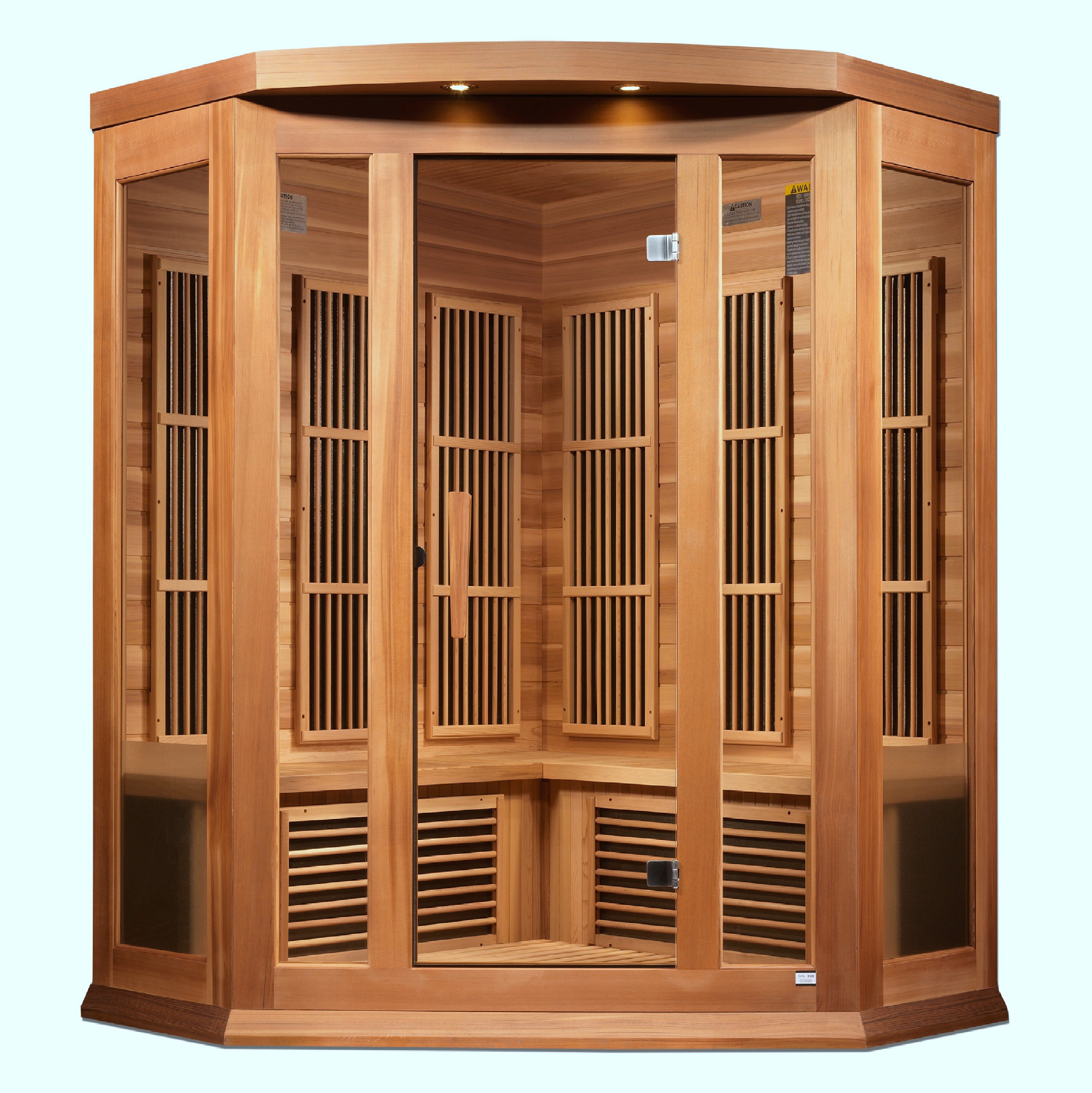 Three-person corner low EMF FAR infrared sauna made of Canadian red cedar