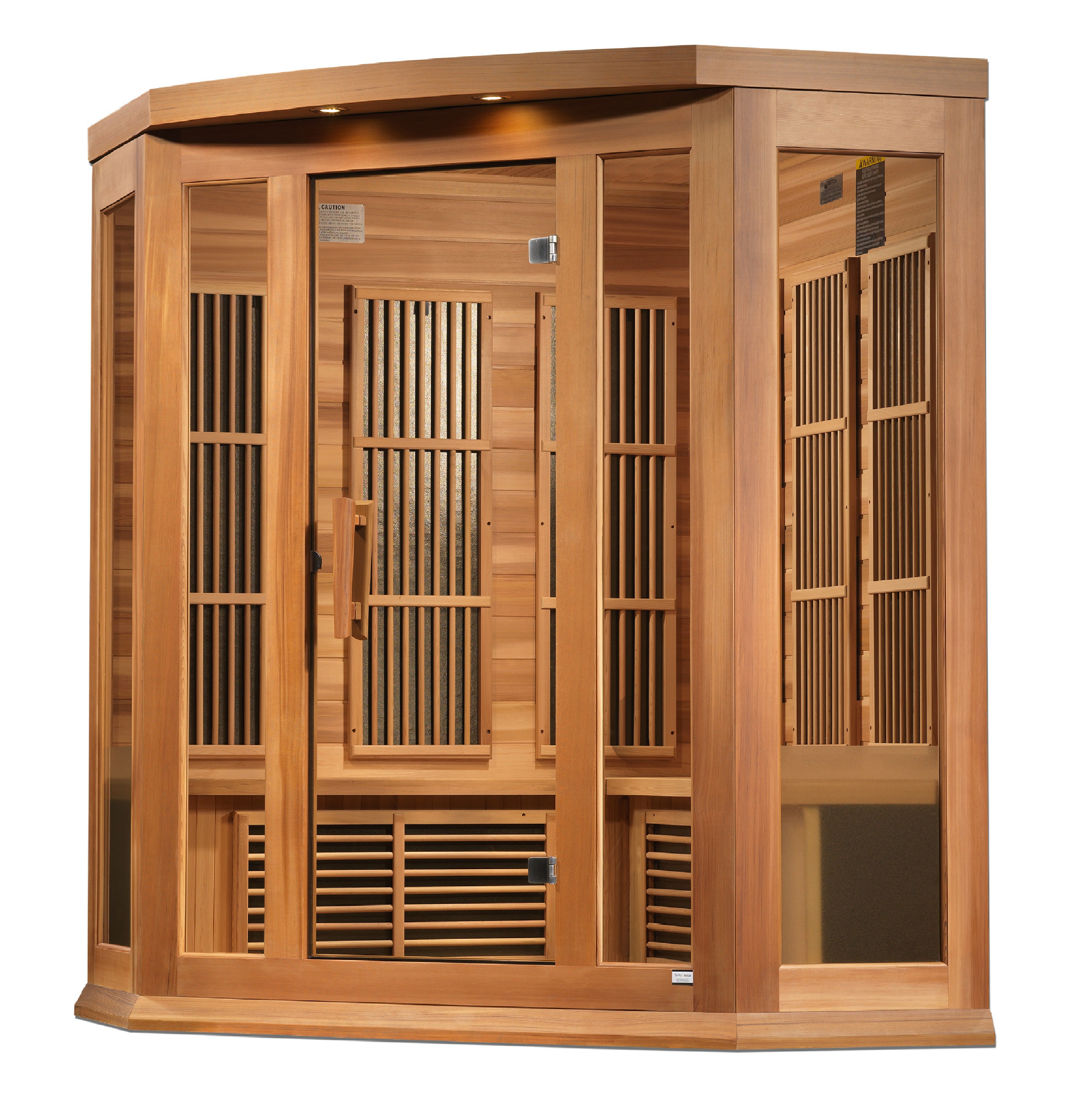 Three-person corner low EMF FAR infrared sauna in Canadian red cedar, front view, with door closed and interior lights on