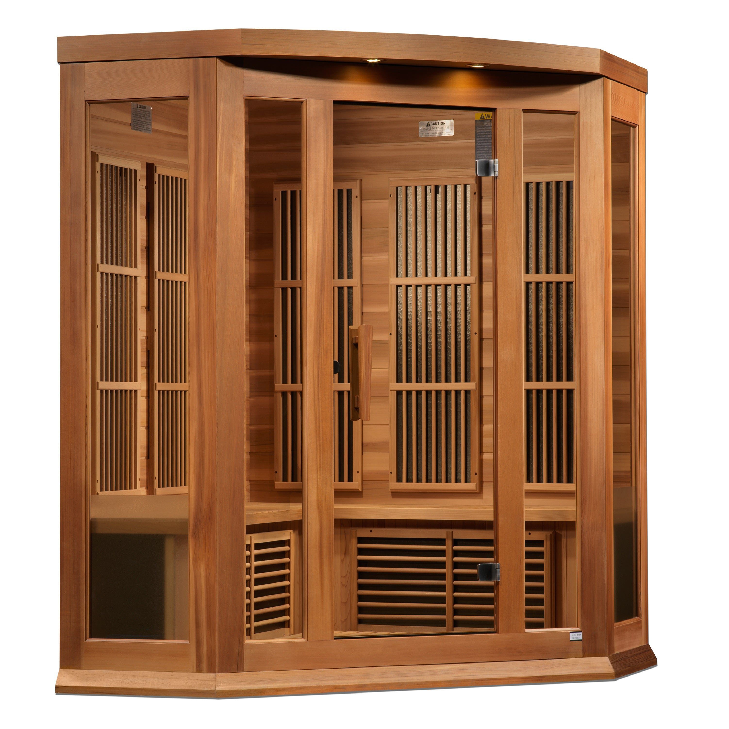 Three-person corner low EMF FAR infrared sauna made of Canadian red cedar