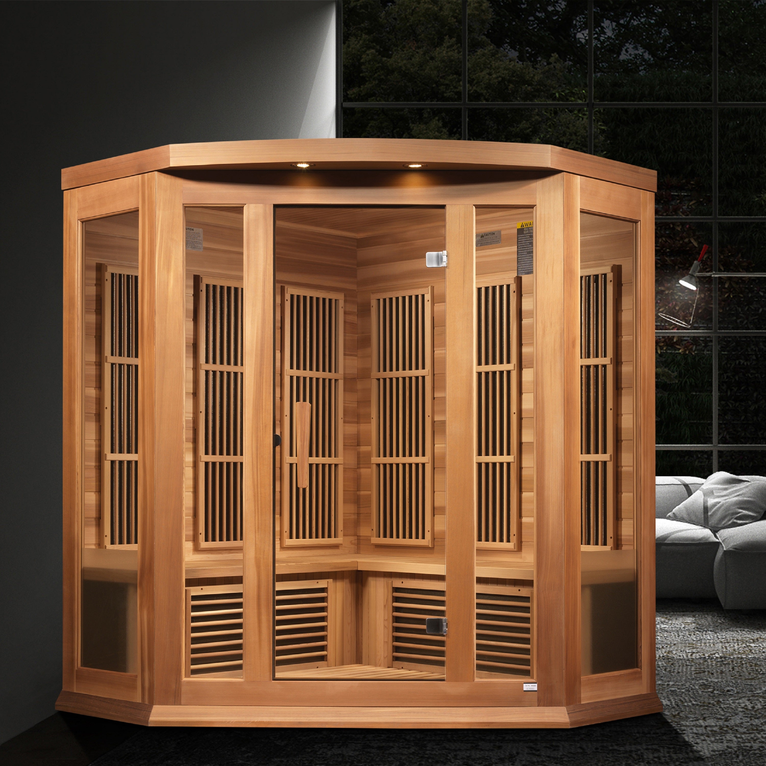 Maxxus 3-Person Corner Near Zero EMF (Under 2MG) FAR Infrared Sauna (Canadian Red Cedar) with spacious interior and beautiful Canadian Red Cedar wood construction