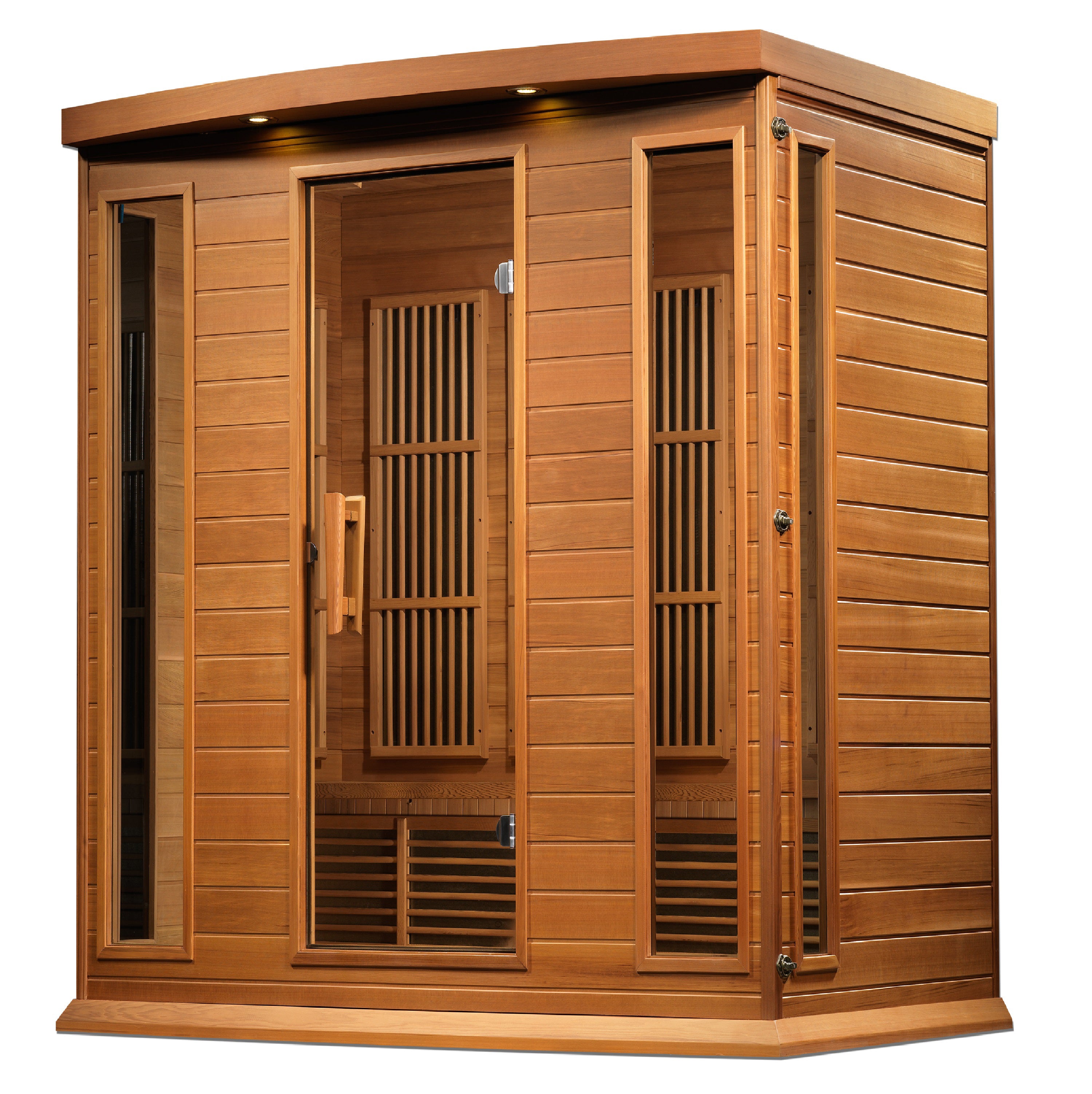 Maxxus 4-Person Low EMF FAR Infrared Sauna crafted from Canadian Red Cedar, promoting relaxation and wellness in a spacious environment