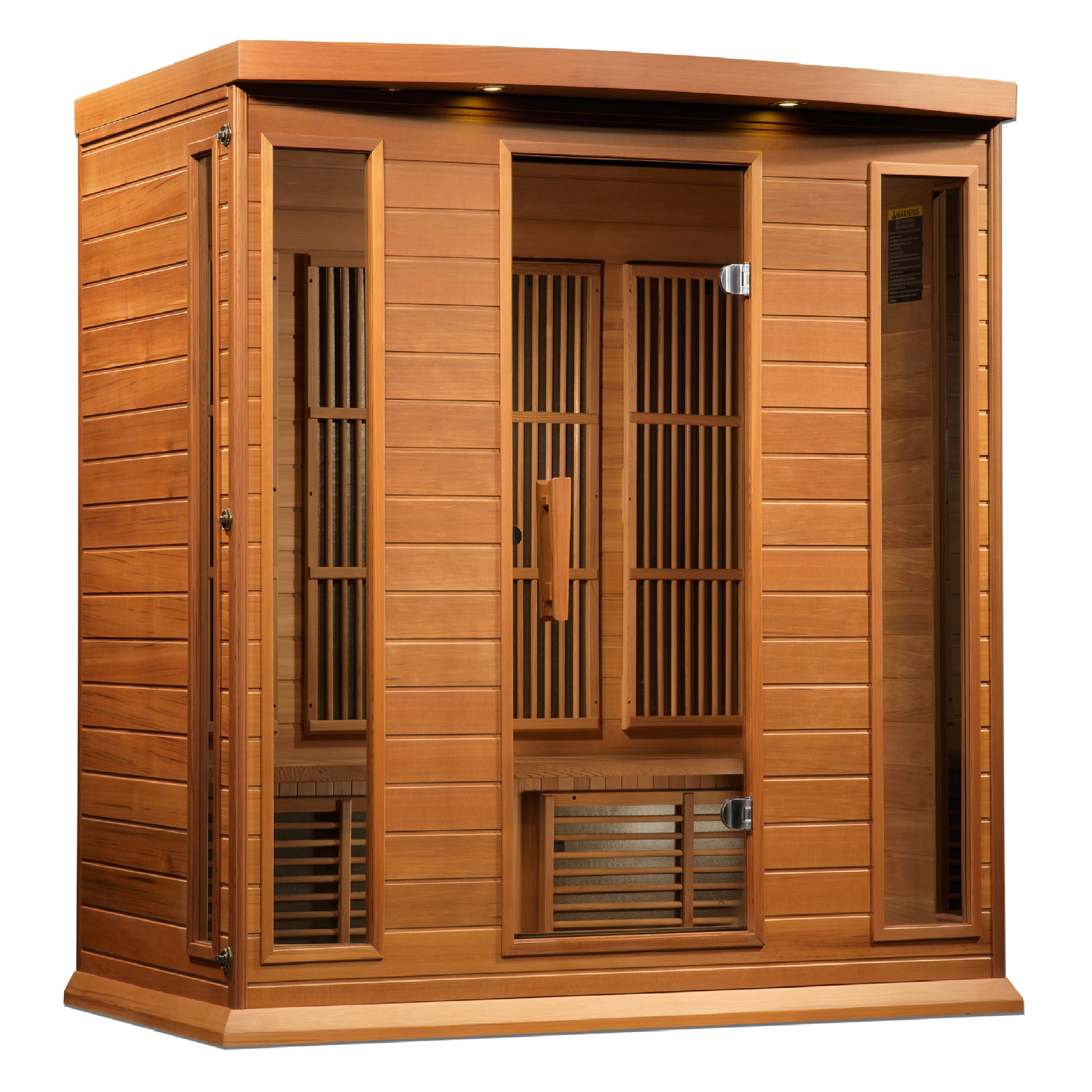 Maxxus 4-Person Near Zero EMF FAR Infrared Sauna in Canadian Red Cedar with comfortable bench seating and ergonomic backrests