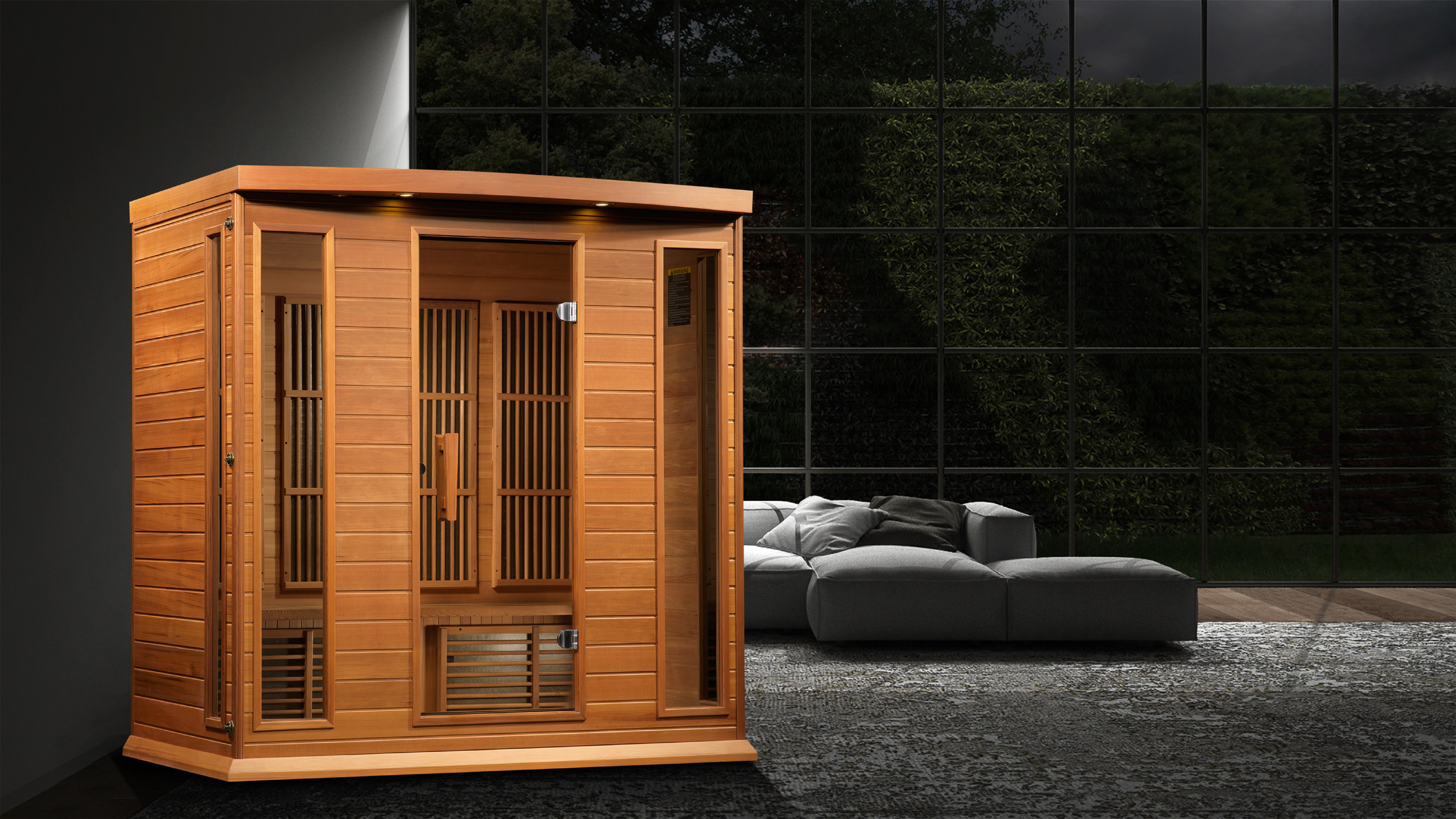 Maxxus 4-Person Near Zero EMF FAR Infrared Sauna made with Canadian Red Cedar, providing a safe and luxurious relaxation experience with minimal electromagnetic field exposure