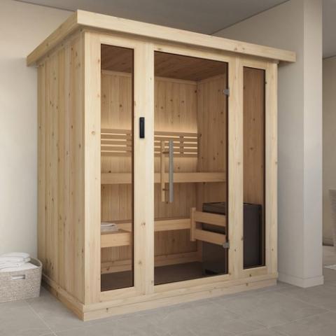 Spacious 2-3 person indoor home sauna with modern design and XPERIENCE Series features