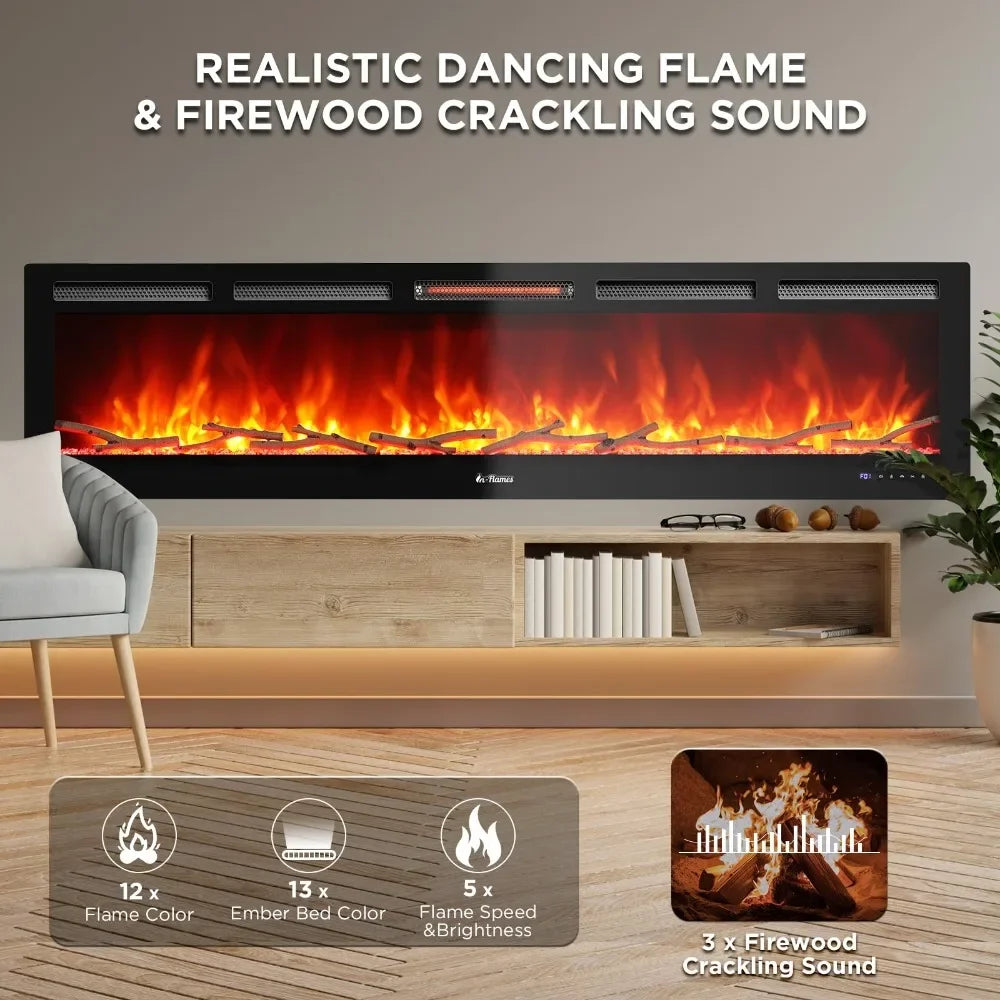 Smart Electric Fireplace, Remote Controlled, Smart Device - 72 Inches (2023 Edition)