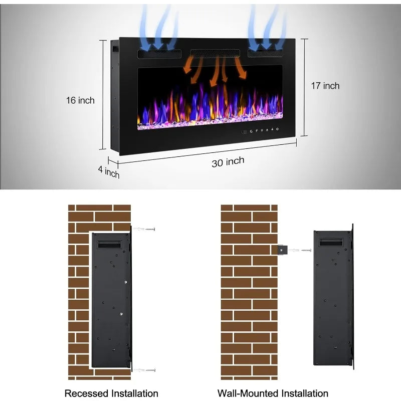 Electric Fireplace, Wall Mounted, Recessed, Ultra Thin - 30 Inches
