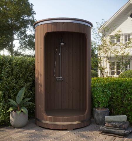 SaunaLife Barrel Shower Model R3, a modern and luxurious outdoor shower