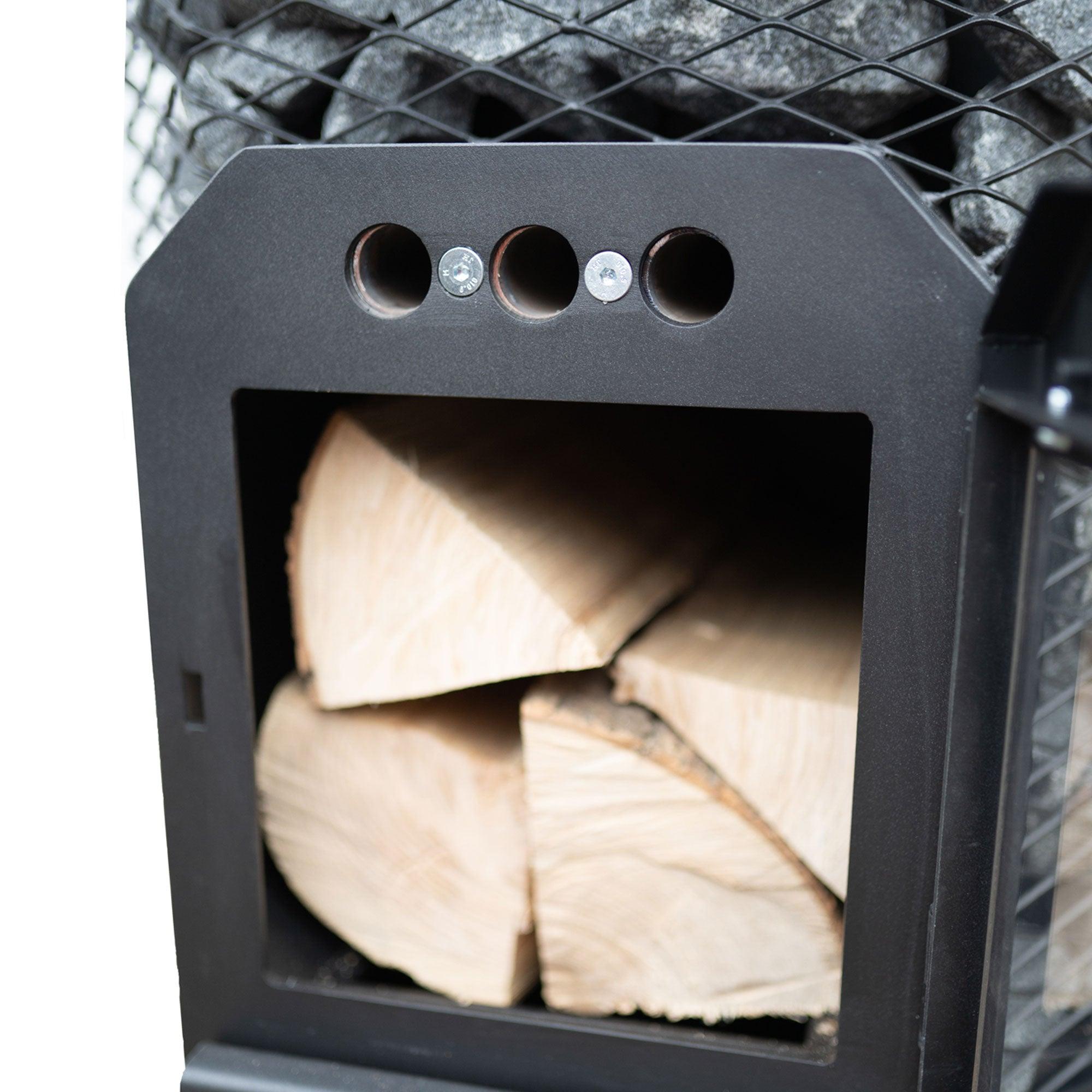 Cozy Heat O Sauna Stove surrounded by aromatic cedar wood paneling