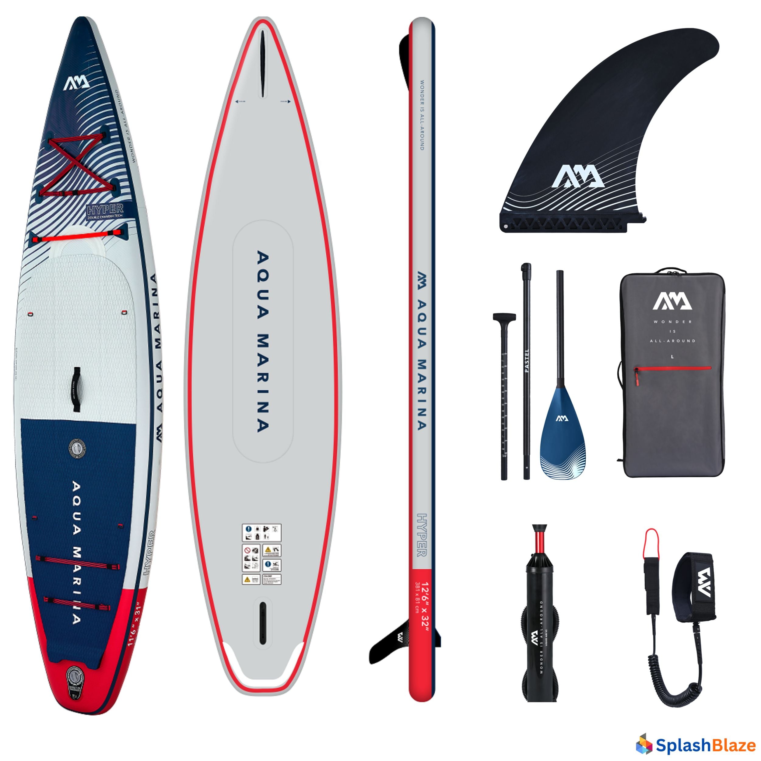 Aqua Marina Hyper 12'6 Adventure Inflatable SUP Board floating on calm ocean waters, with mountains in the background 