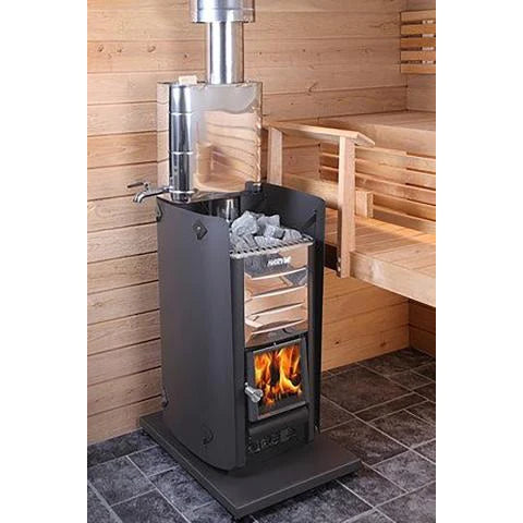 Harvia PRO Series 24kW Sauna Wood Sauna Stove Pro 20 installed in traditional Finnish sauna with stone walls and bucket of water