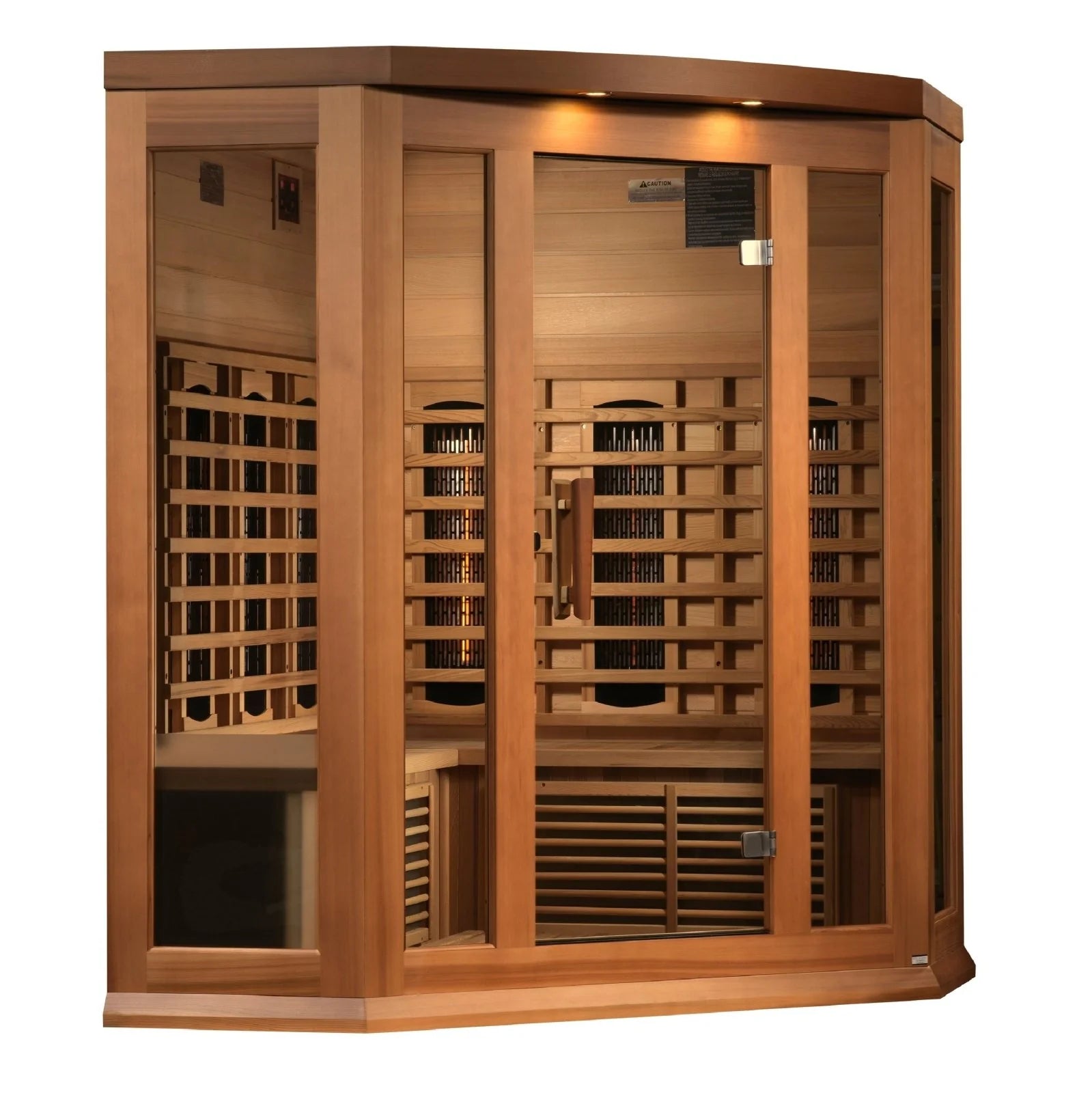 Maxxus 3-Person Corner Full Spectrum Near Zero EMF FAR Infrared Sauna in Canadian Red Cedar provides a spacious and luxurious experience for up to 3 people in the comfort of your own home