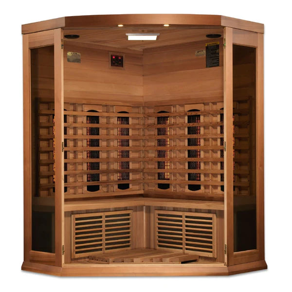  The Maxxus 3-Person Corner Full Spectrum Near Zero EMF FAR Infrared Sauna features easy-to-use digital control panels inside and outside, making it convenient to adjust the temperature and duration of your sauna session