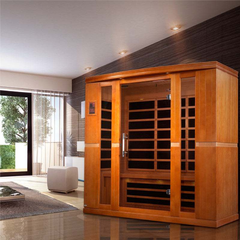 Spacious Dynamic Bergamo 4-person Low EMF FAR Infrared Sauna made from Canadian Hemlock wood, emitting under 8MG of electromagnetic field, ensuring a safe and relaxing experience for all users