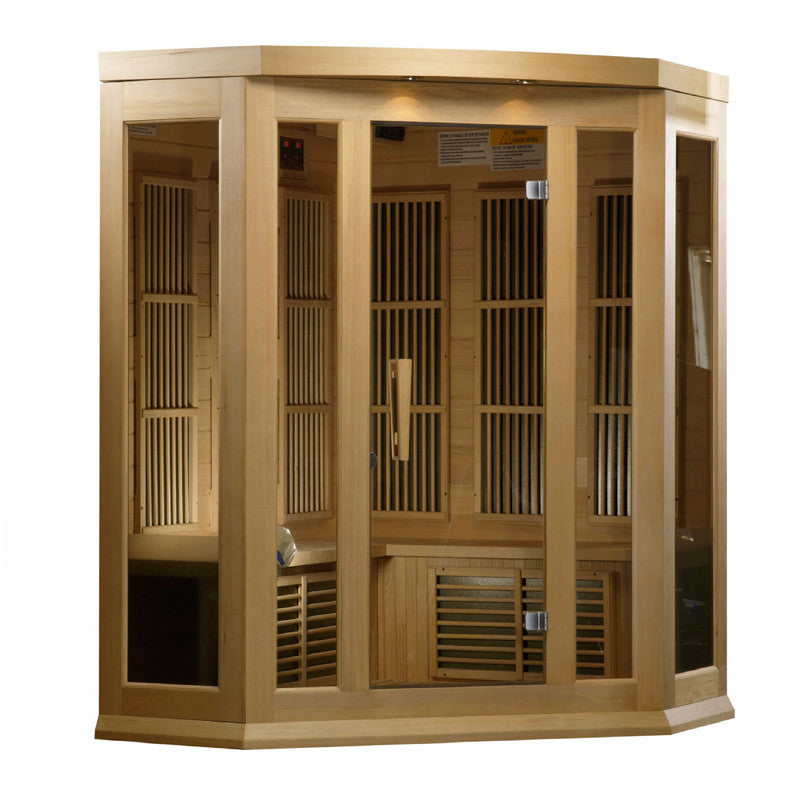 Three-person corner low EMF FAR infrared sauna made from Canadian Hemlock wood