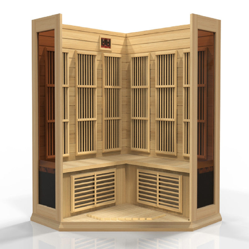 A spacious, Canadian Hemlock Maxxus 3-Person Corner Low EMF FAR Infrared Sauna with under 8MG emissions for a relaxing and detoxifying experience